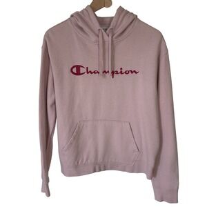 Champion Pink Hoodie Women's Size Large Script Logo Kangaroo Pocket‎ Pullover